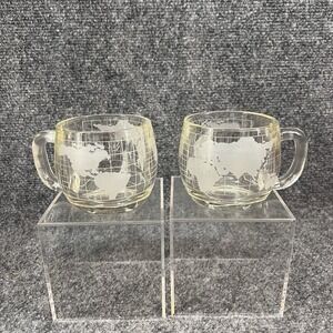 Nestle Nescafe World Map Globe Coffee Mugs Etched Glass 1970s Vintage Lot Of 2